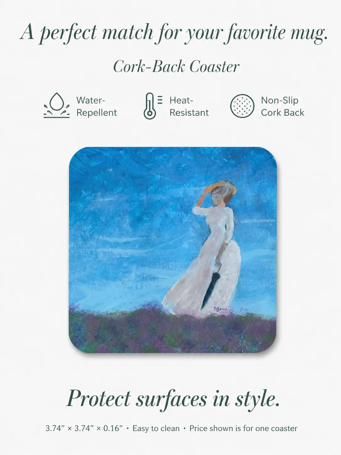 Woman in Flower Field Cork-Back Coaster