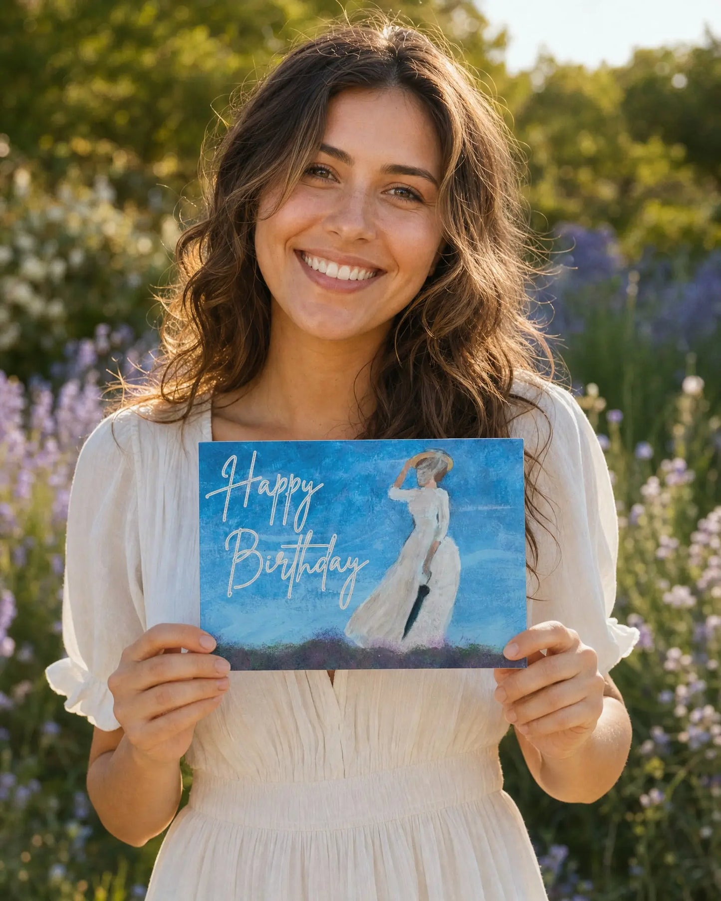 Woman in Flower Field Happy Birthday Card