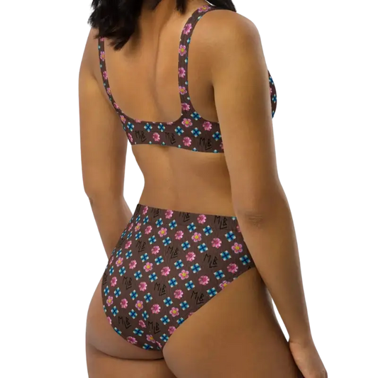 Brown Repeating Flower Pattern High-Waisted Bikini