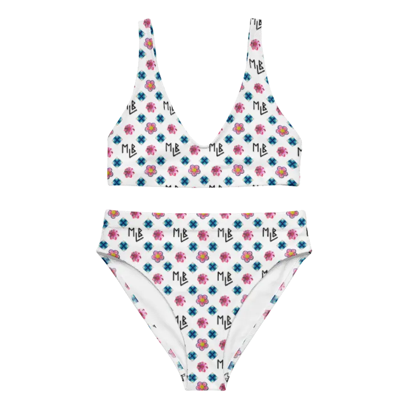 Repeating Flower Pattern High-Waisted Bikini