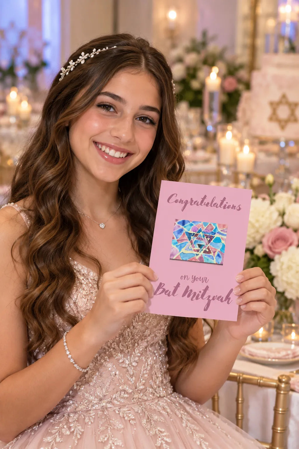 Pink Bat Mitzvah card displayed for a celebration