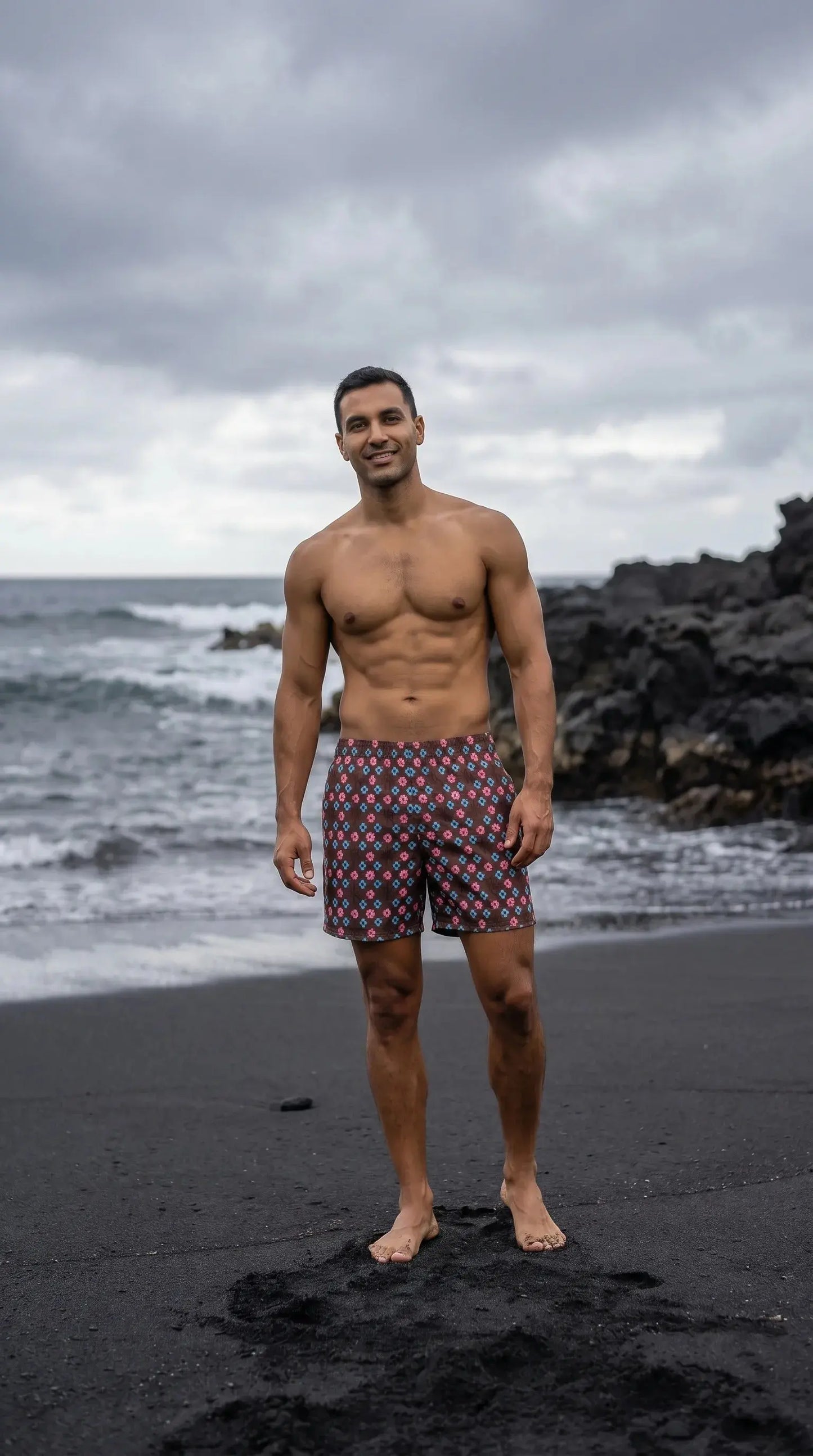 Brown Repeating Flower Pattern Swim Trunks