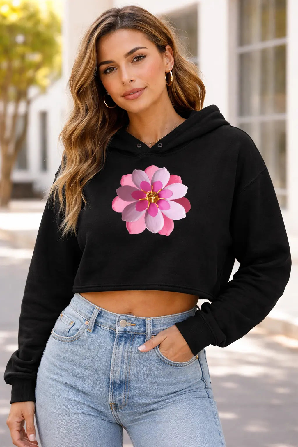 Pink Flower Crop Hoodie MLB Artist