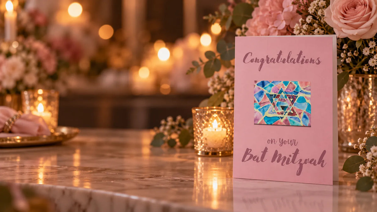Pink Bat Mitzvah card arranged for a joyful celebration