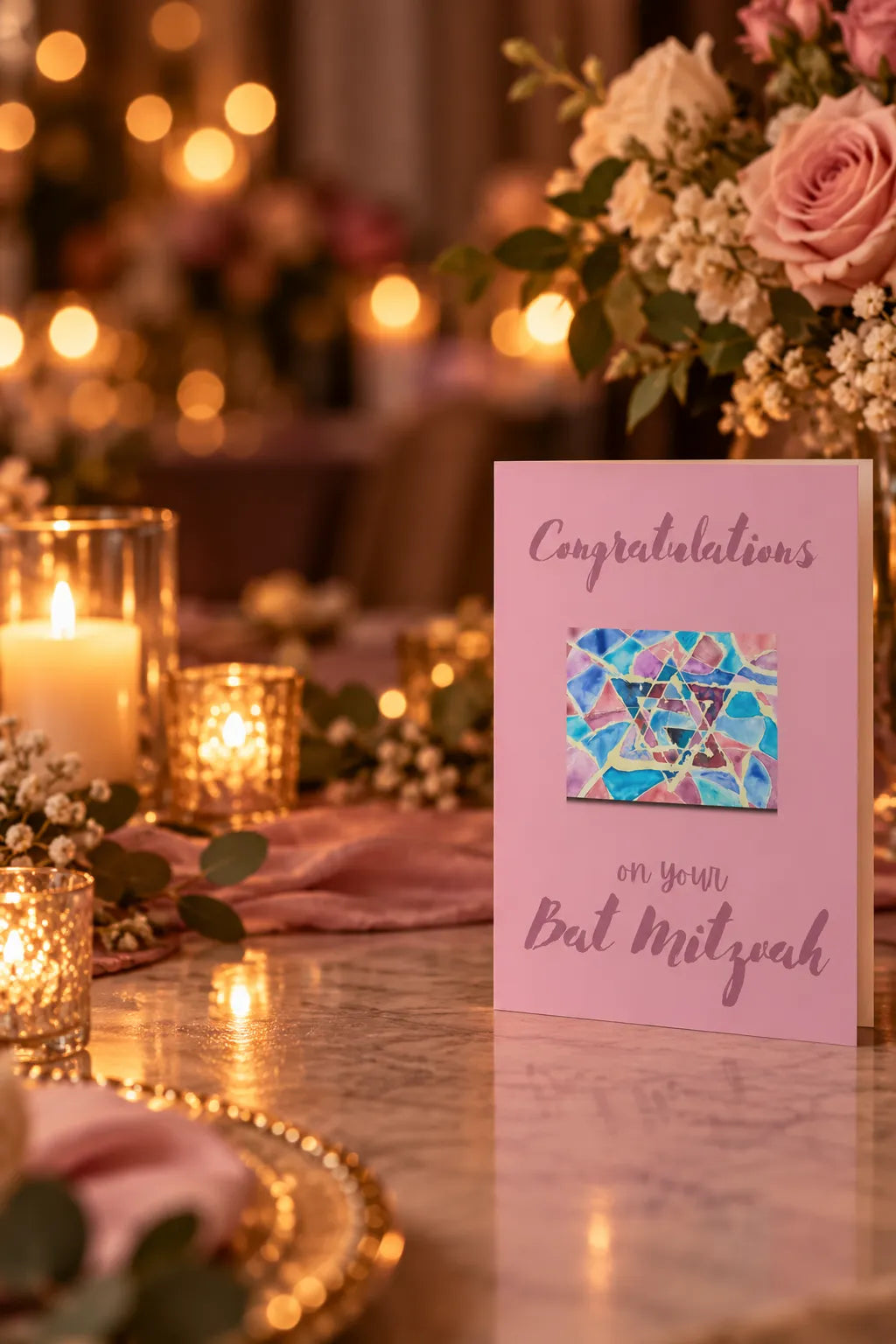 Pink Bat Mitzvah card arranged for a joyful celebration
