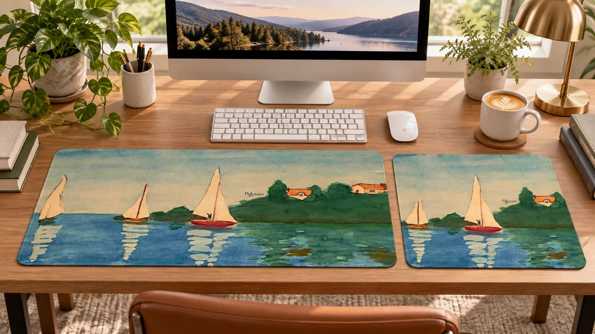Sailboats mouse pad in a modern coastal workspace