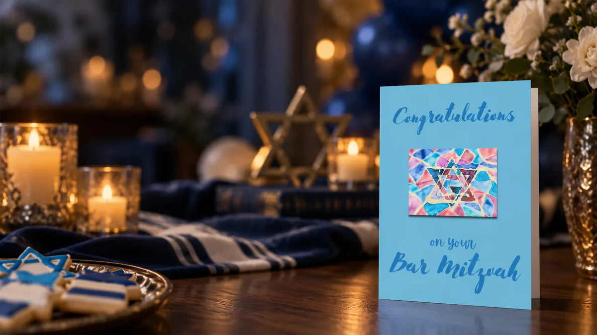 Blue Bar Mitzvah card arranged for a joyful celebration