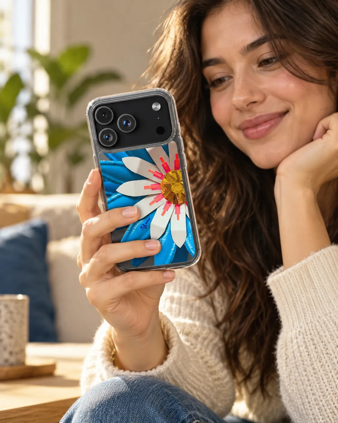 Blue Electric Daisy Clear Case for iPhone in a lifestyle setting