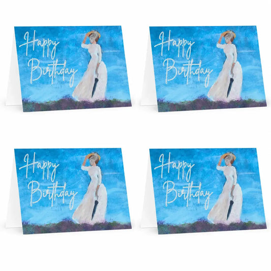 Woman in Flower Field Happy Birthday Card 4-Pack