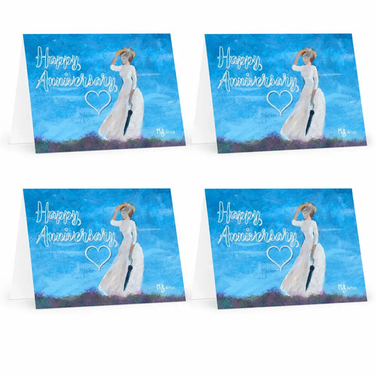 Happy Anniversary Woman in Flower Field Greeting Card 4-Pack