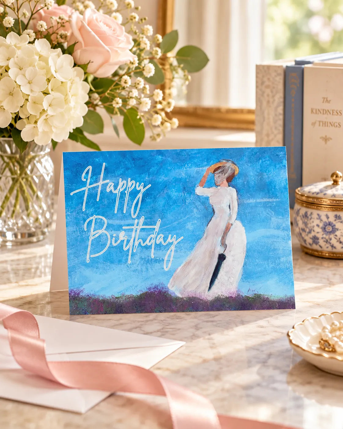 Woman in Flower Field Happy Birthday Card