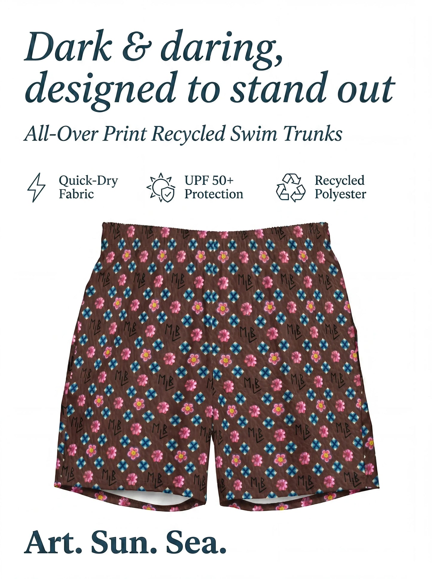 Brown Repeating Flower Pattern Swim Trunks
