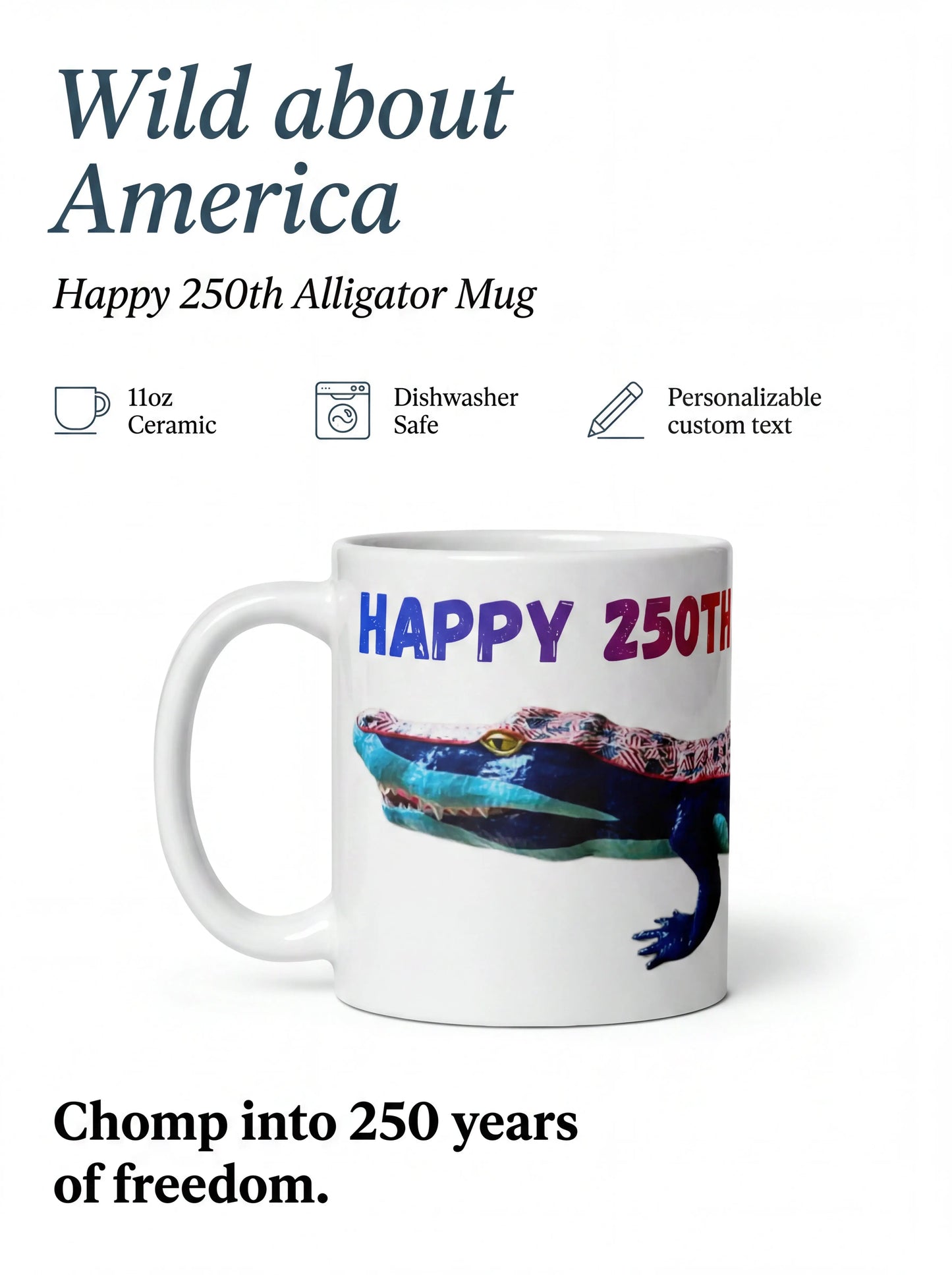 Happy 250th Anniversary American Crocodile Side View White Glossy Mug