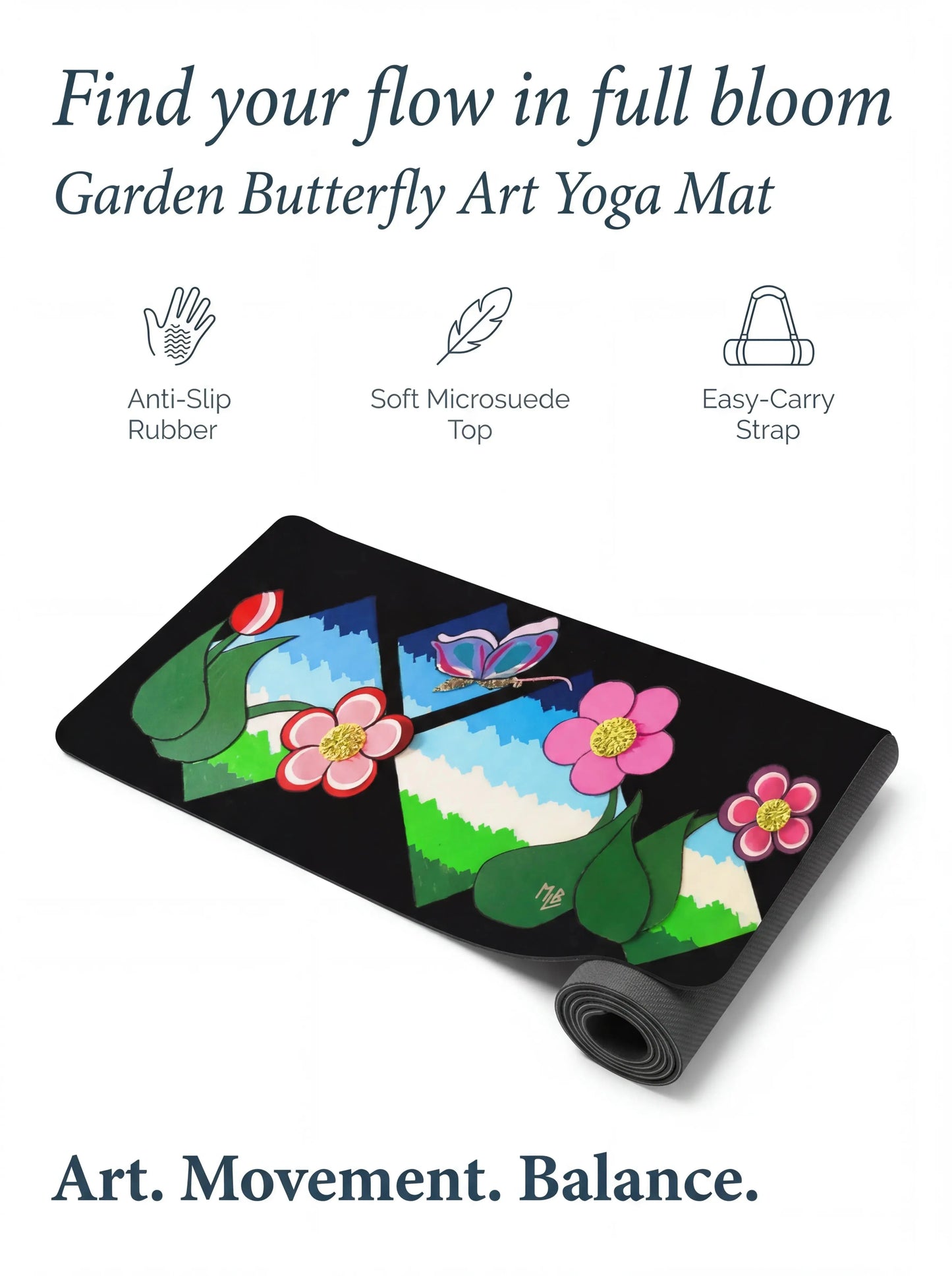 Flower Field Fantasy Black Yoga Mat