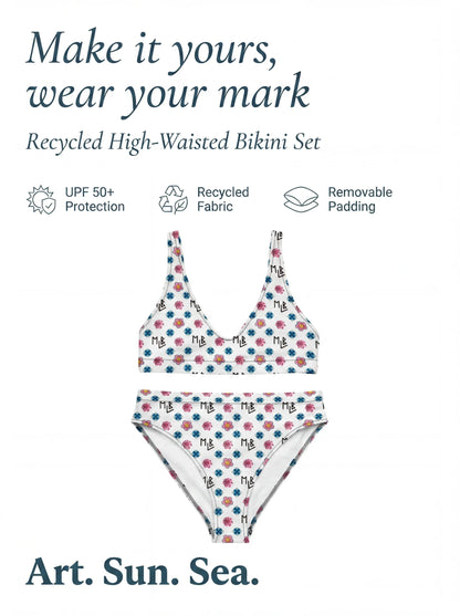 Repeating Flower Pattern High-Waisted Bikini