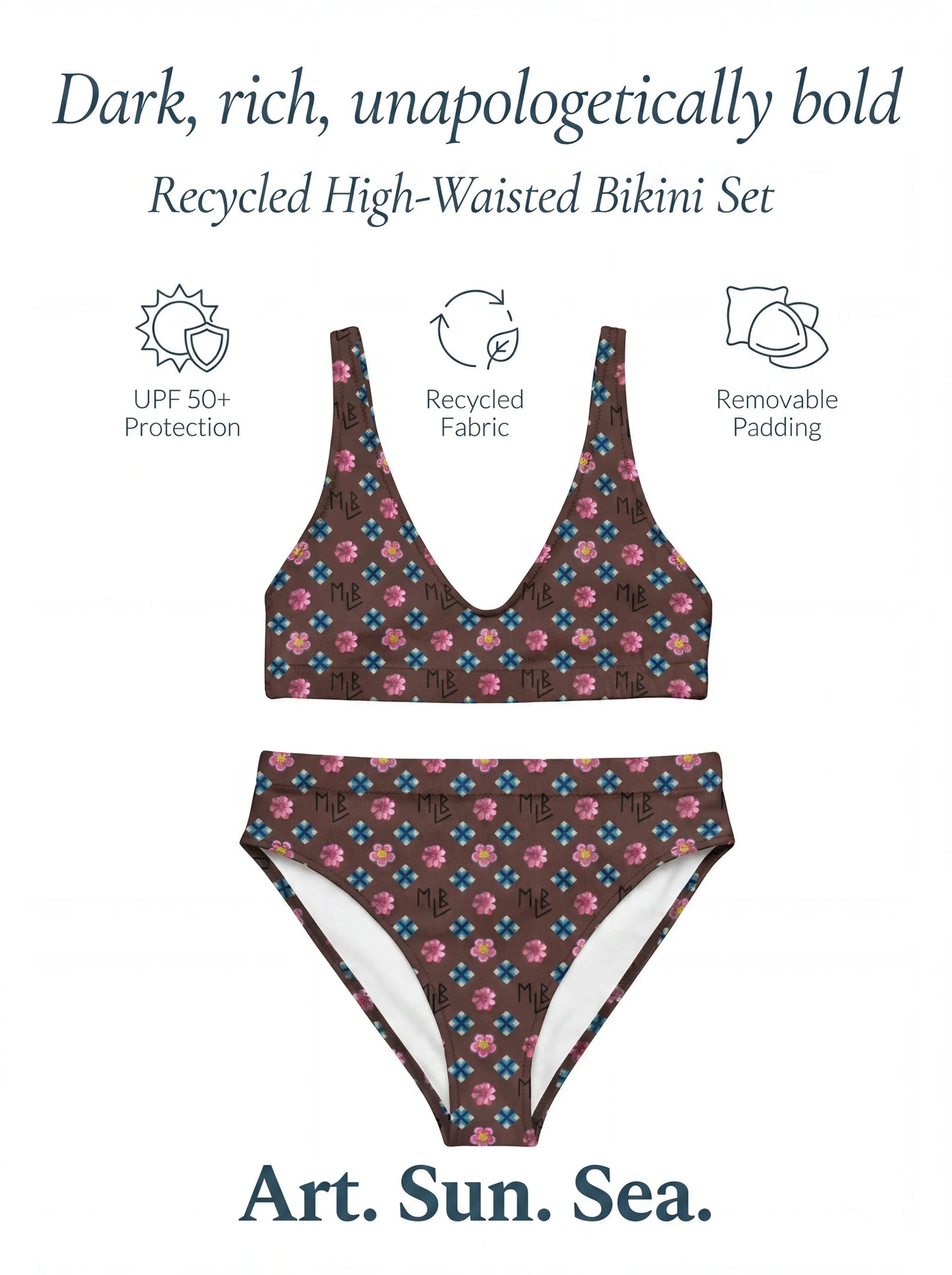 Brown Repeating Flower Pattern High-Waisted Bikini