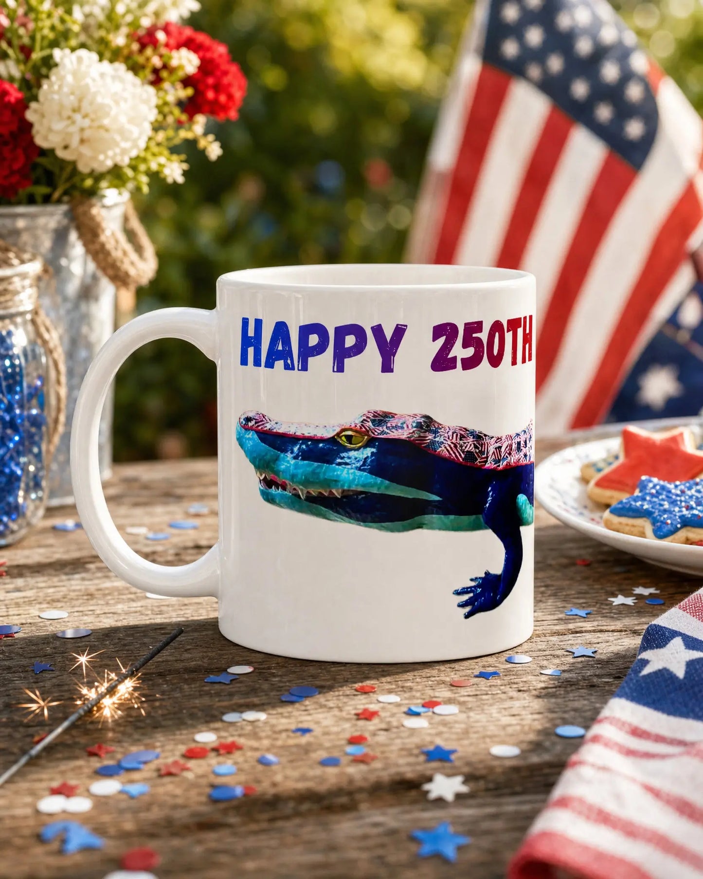 Happy 250th Anniversary American Crocodile Side View White Glossy Mug