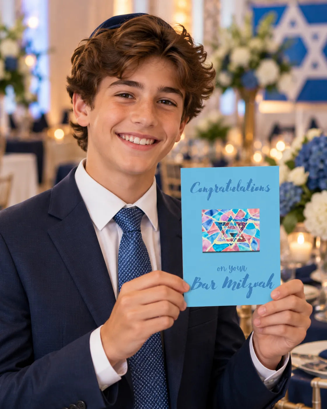 Blue Bar Mitzvah card displayed for a celebration