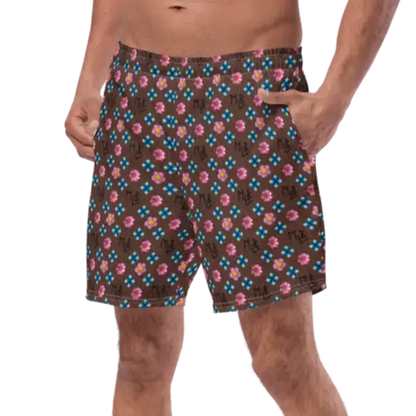 Brown Repeating Flower Pattern Swim Trunks