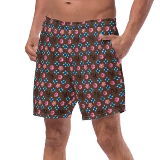 Brown Repeating Flower Pattern Swim Trunks