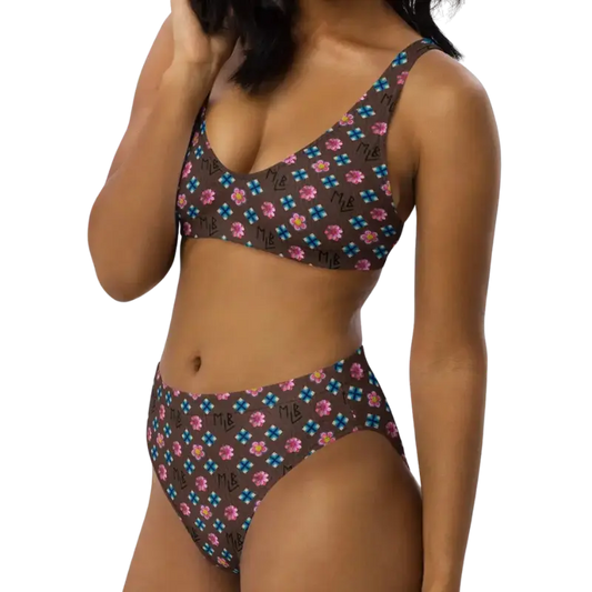 Brown Repeating Flower Pattern High-Waisted Bikini