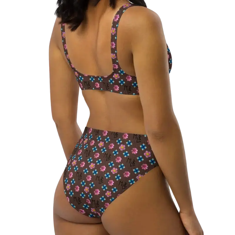 Brown Repeating Flower Pattern High-Waisted Bikini