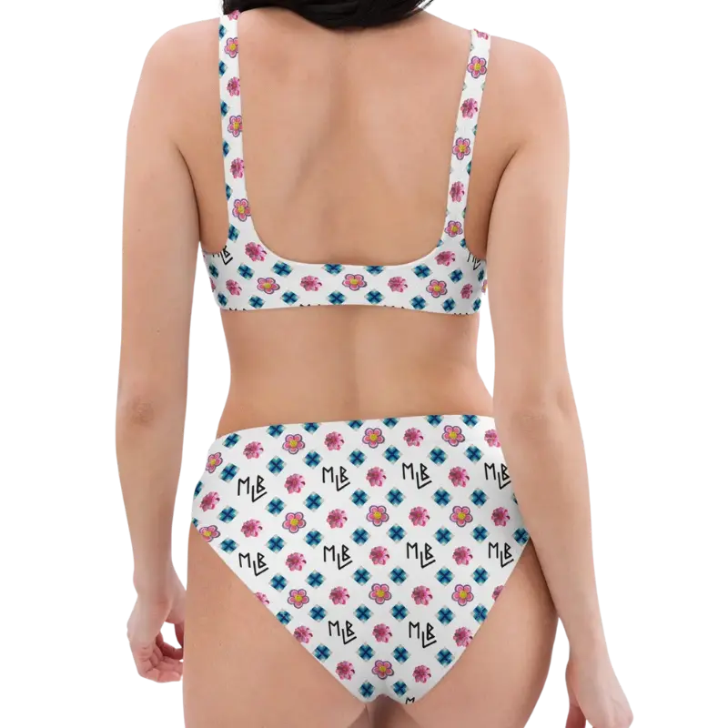 Repeating Flower Pattern High-Waisted Bikini
