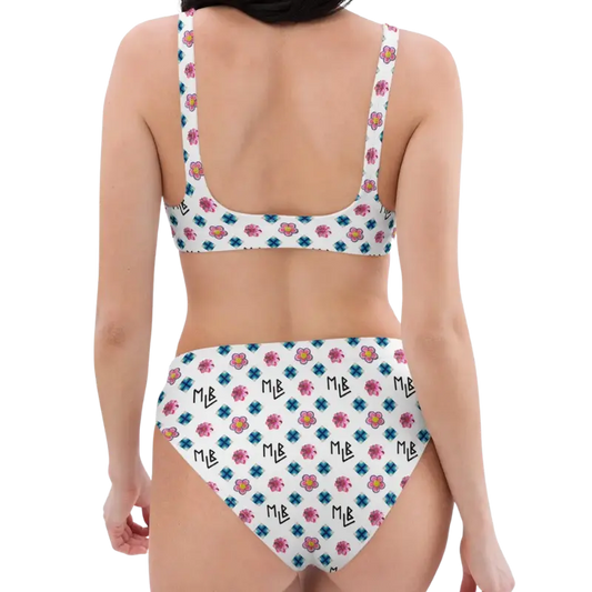 Repeating Flower Pattern High-Waisted Bikini