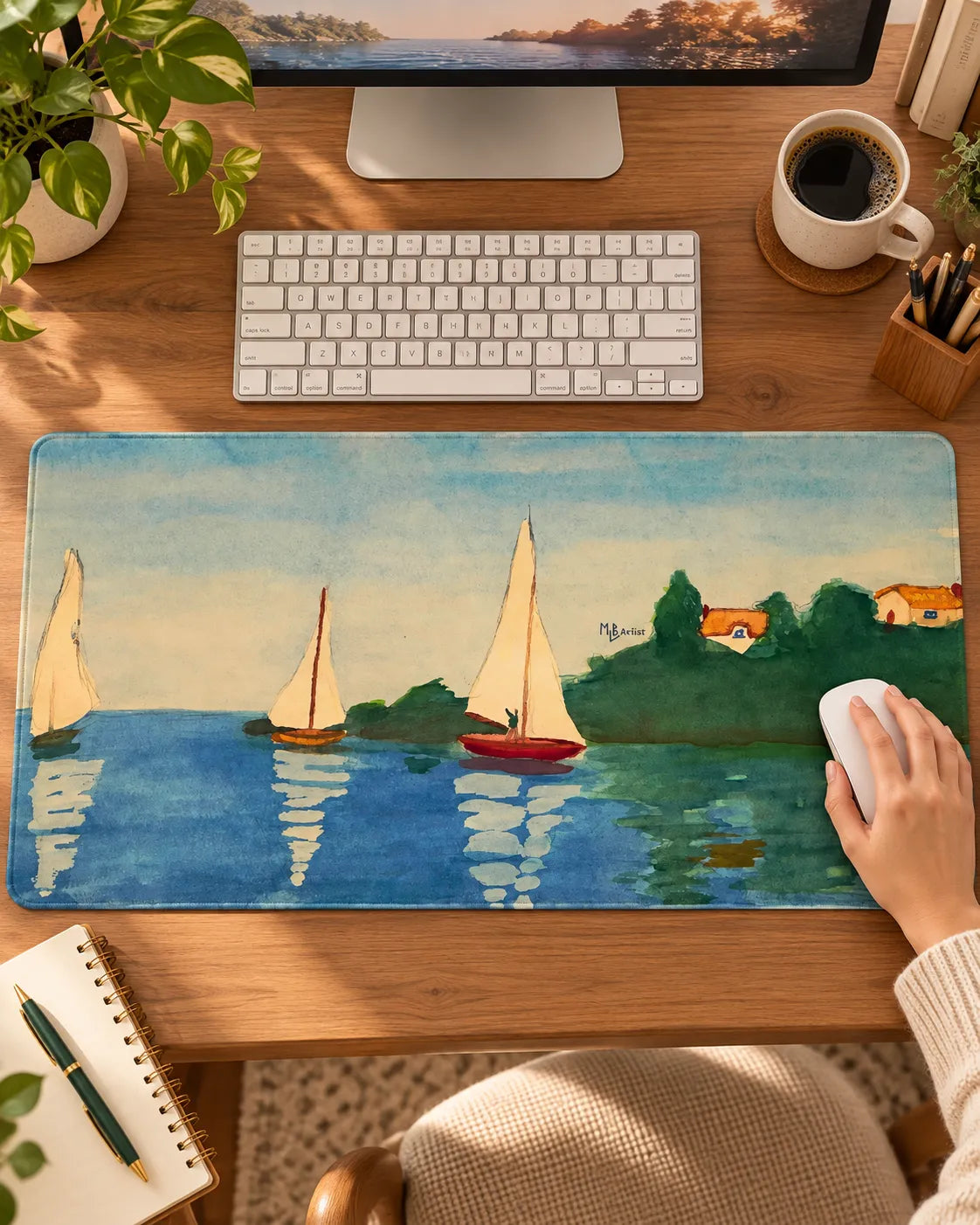 Sailboats Gaming Mouse Pad in a styled desk setup