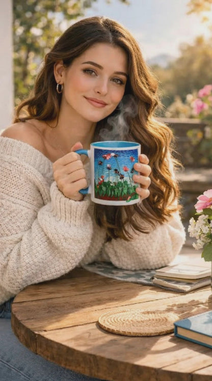Flower Field with Blue Color Inside Mug