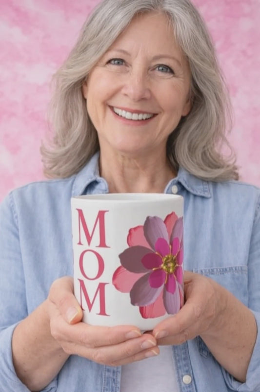 Pink Flower Mom White Glossy Mug